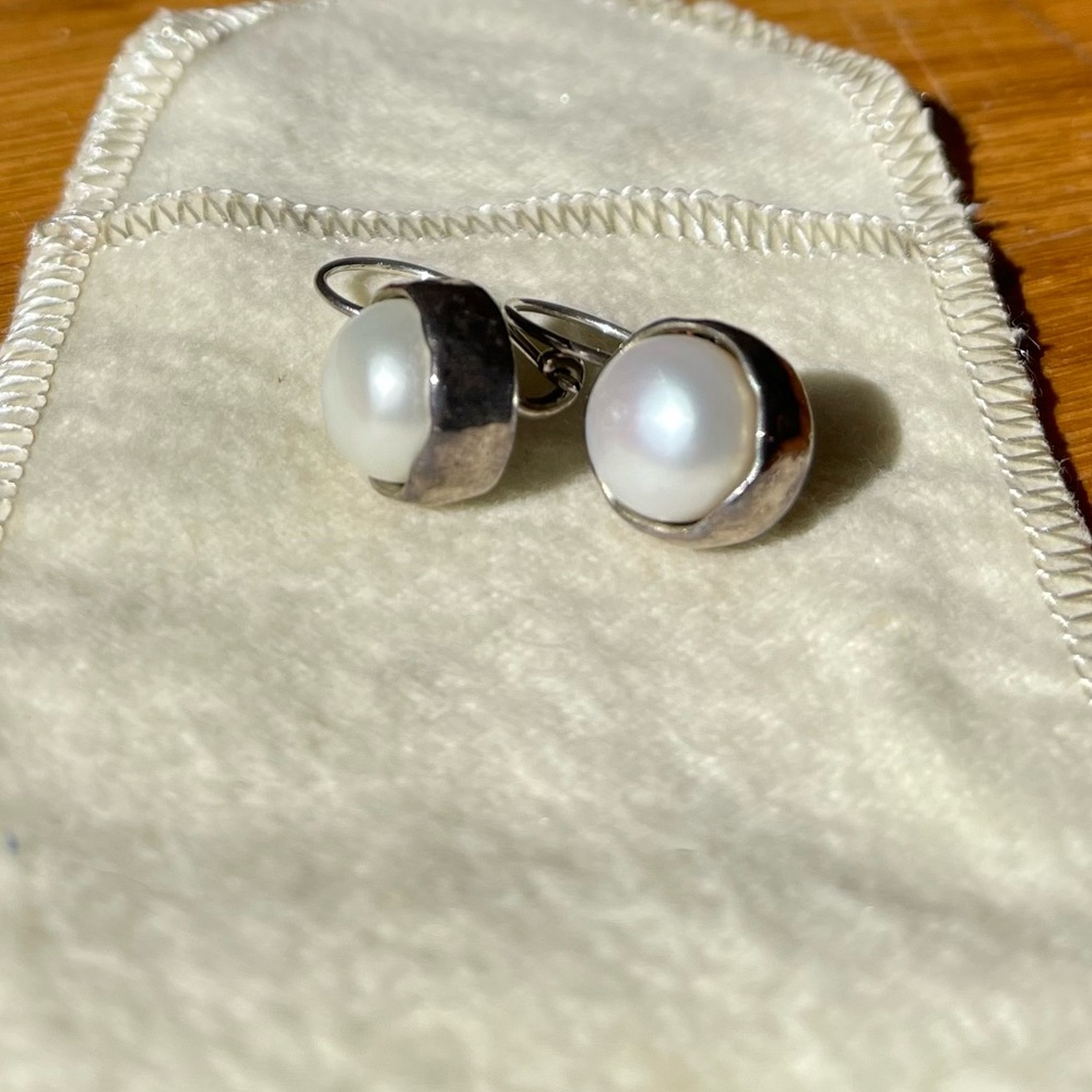 Large Pearl sterling silver hook and eye earrings